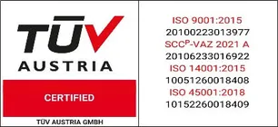 TÜV Austria — certificirani sustav upravljanja tvrtke Zolyx s brojevima certifikata